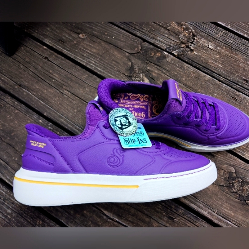 Skechers Women's Purple Slip-On Athletic Sneakers with Yellow Accent